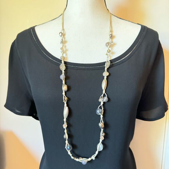 Nakamol Knotted Pearlized Leather Glass Bead Necklace Gray Tones Neutral Boho - Picture 12 of 14